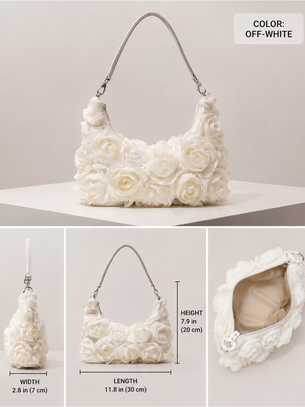 Off White 3D Rose Shoulder Bag Romantic Coquette Floral Wedding Purse